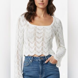 Hollister Crochet Knit Bell Sleeve Crop Sweater XXS White Boho Retro